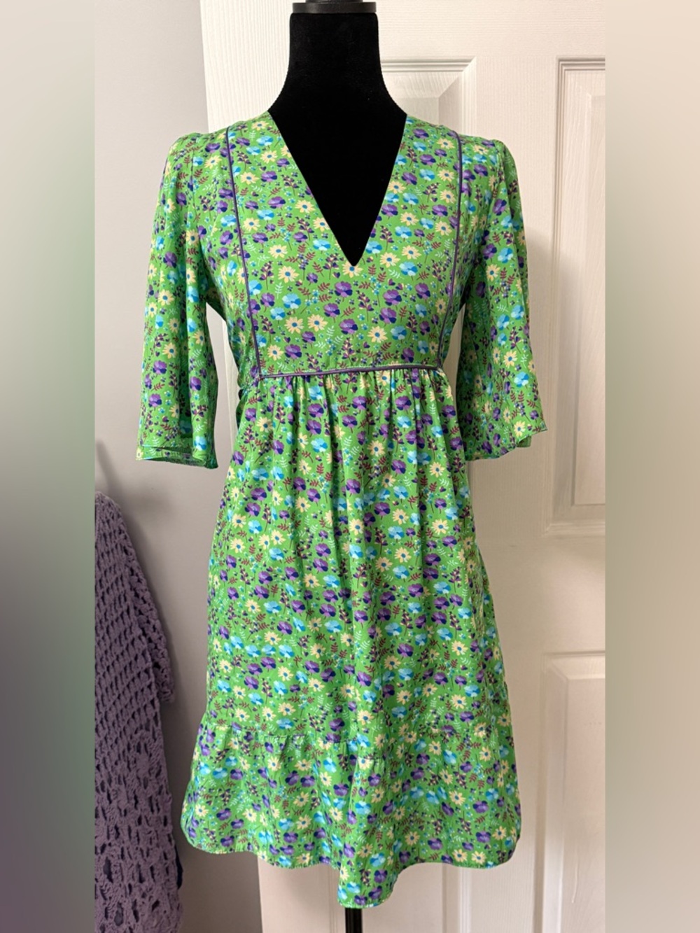Lenny B Paris Green Floral Cottagecore Mini Dress Empire Waist Boho Size 1 XS